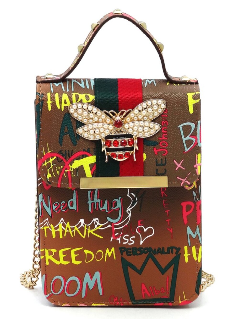Graffiti Crossbody & Cell Phone Holder Bag Tan Yellow